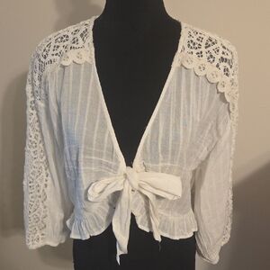 American Eagle Outfitters White Lace Tie-Front Blouse